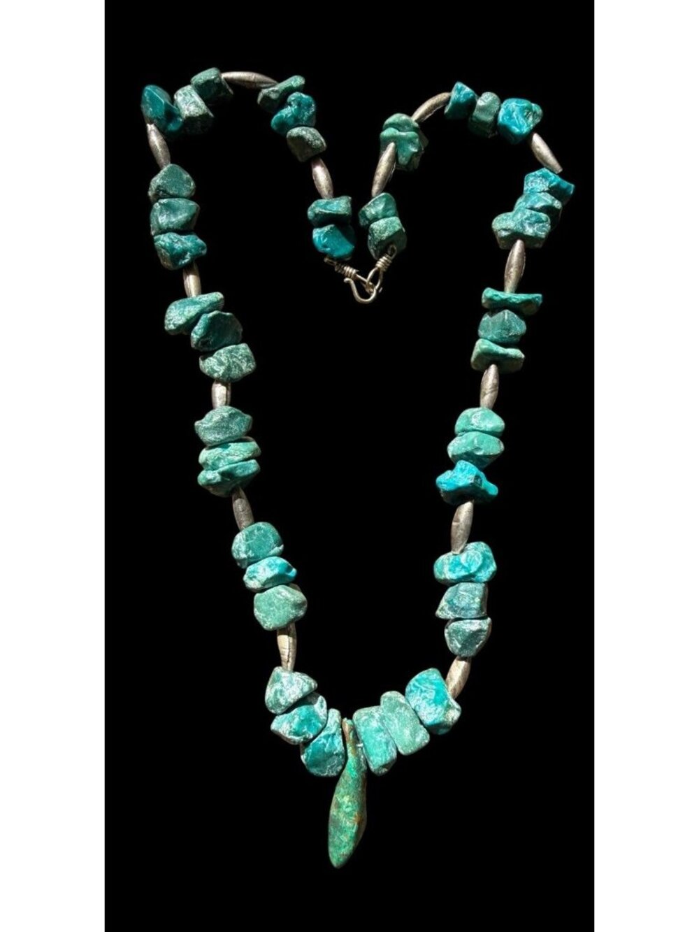 Vintage Southwestern Turquoise Nugget Necklace Liquid Silver Drop Pendant
